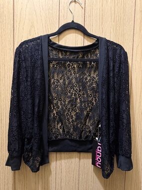 Black cochete Lace Knit Open Top with Ribbed Trim